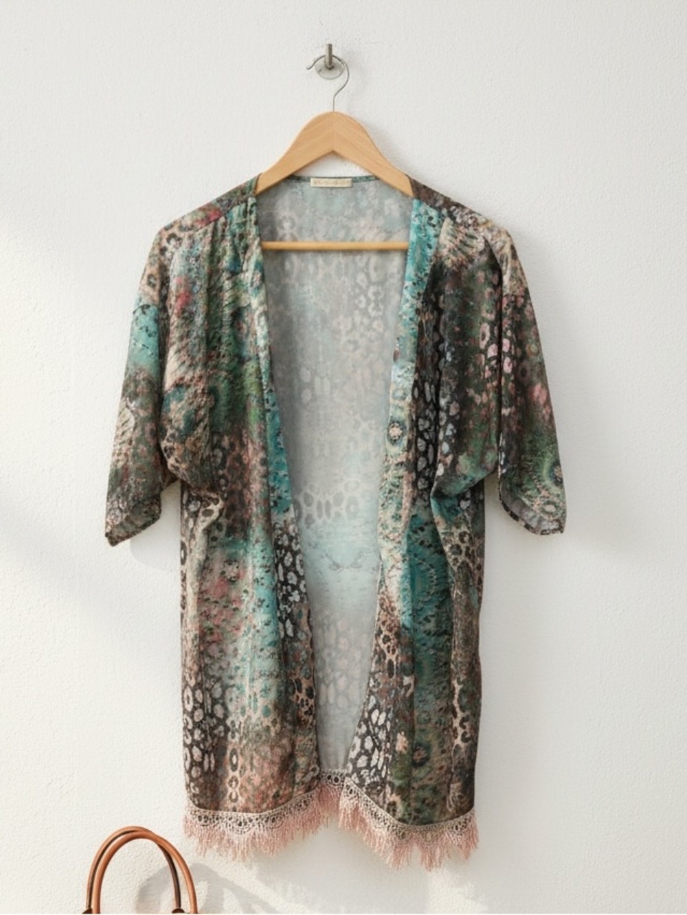Palmarosa Silky Watercolor Fringed Long Line Open Front Kimono Size XS